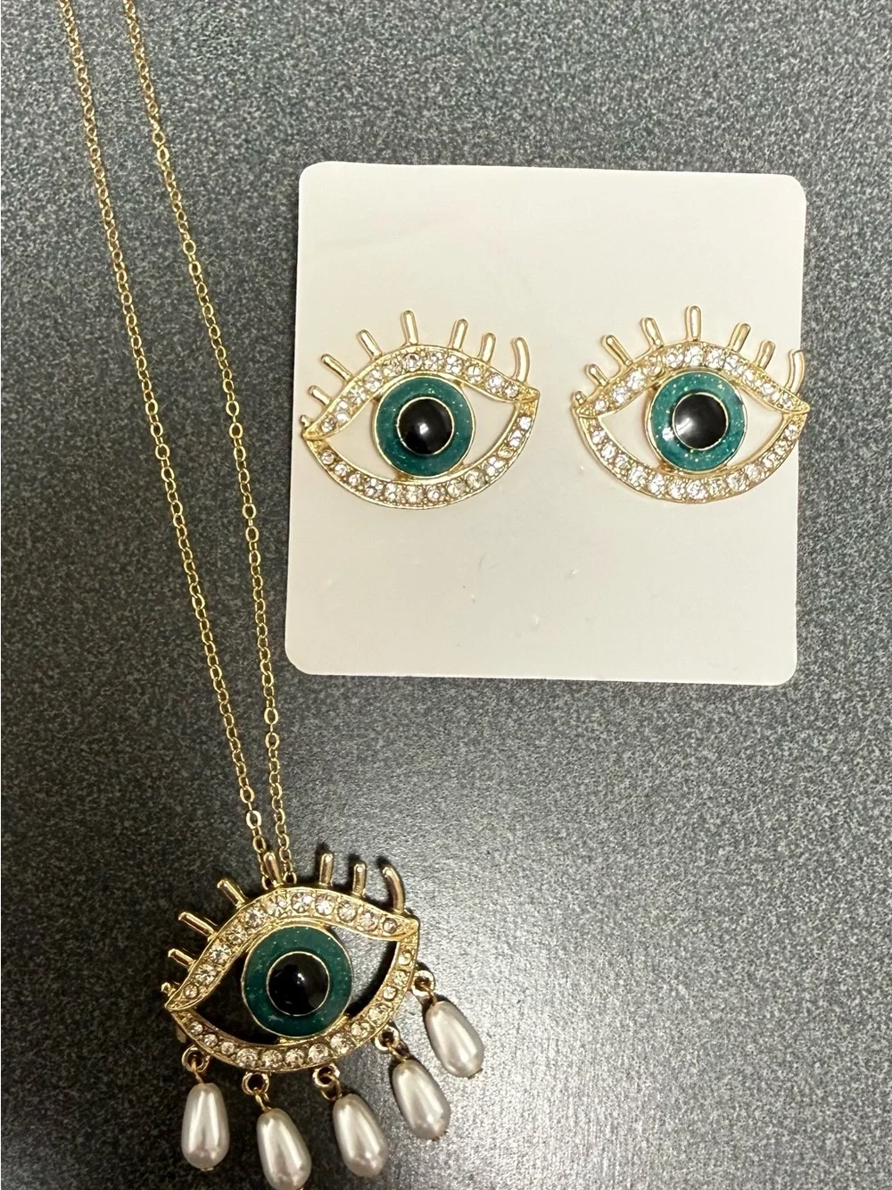 Gold-Tone Teal Green Evil Eye Necklace & Earrings Set with Pearl Drops